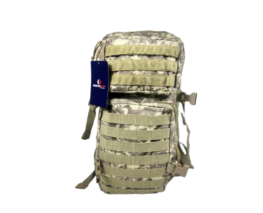 Military-style digital camo tactical assault backpack with MOLLE webbing and multiple compartments