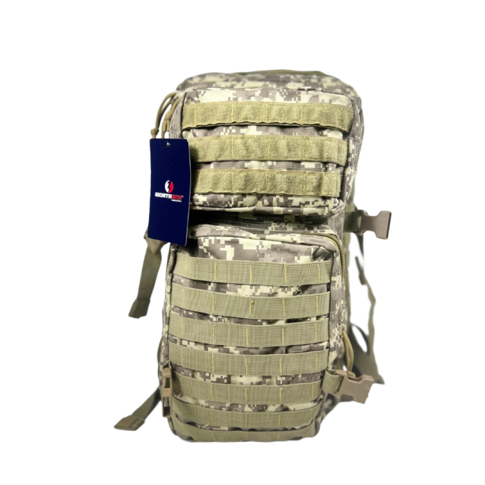 Military-style digital camo tactical assault backpack with MOLLE webbing and multiple compartments